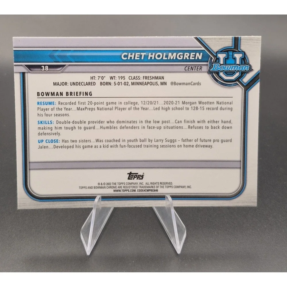 2022 Bowman Chrome Chet Holmgren #38 1st Bowman Chrome Refractor Thunder